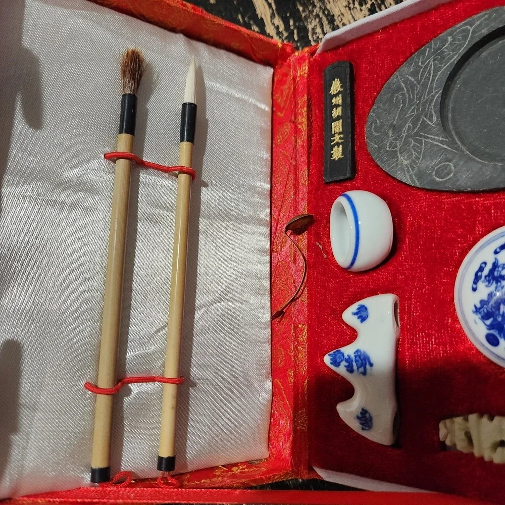 Chinese Calligraphy Set w 2 Brushes, Chop, Ink Stone, Ink Stick, Brush Holder+